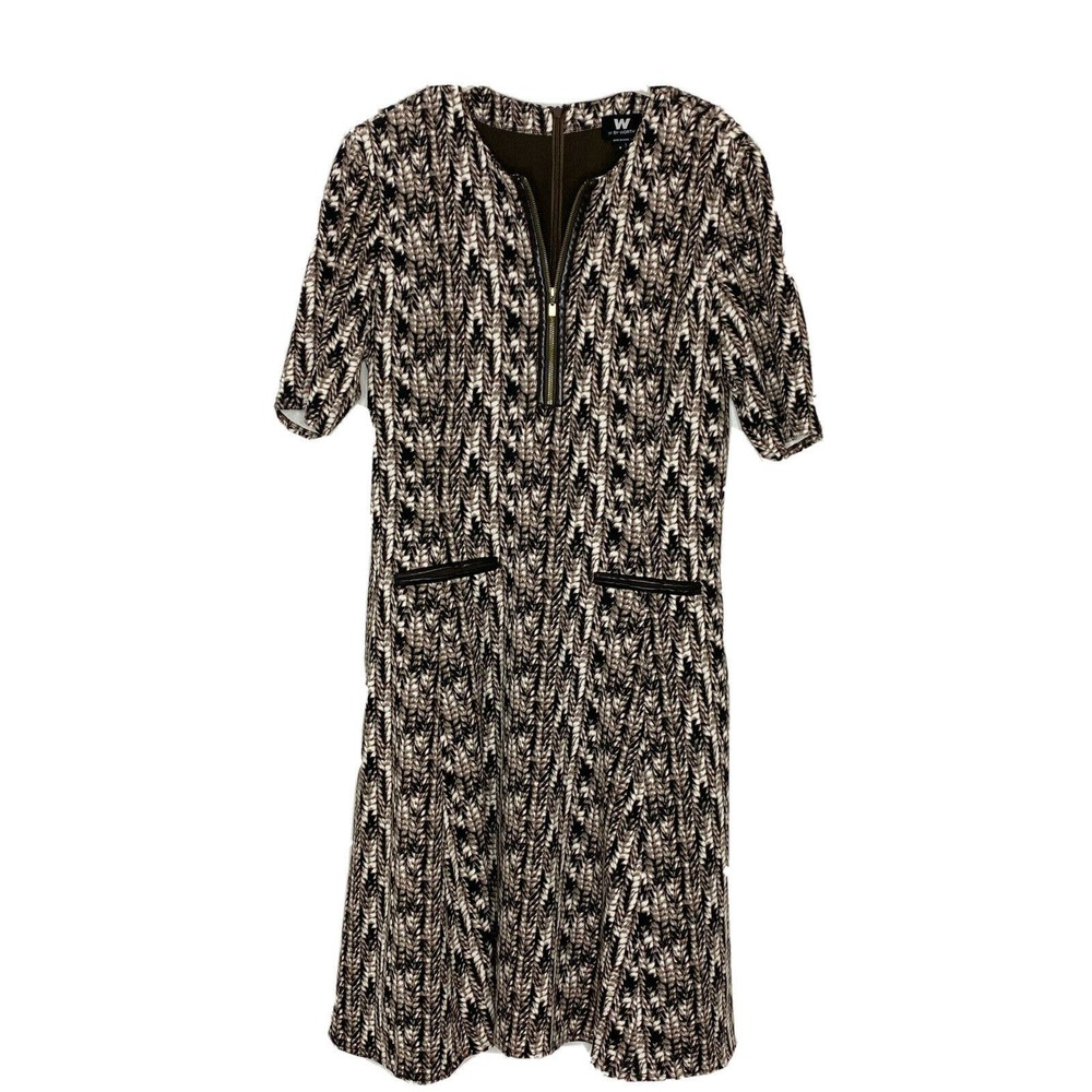 W By Worth Womens Tan Brown Printed Zip Front Short Sleeve Flare Dress Sz 8 - Picture 1 of 5